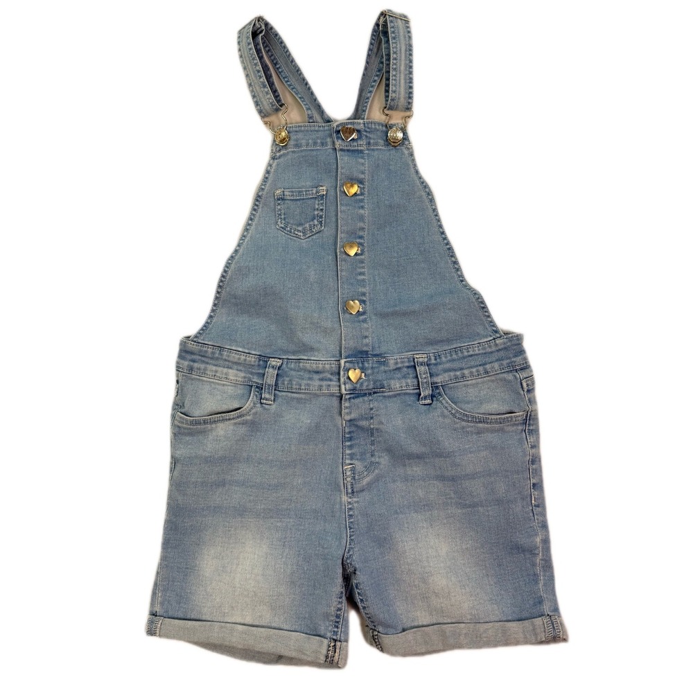 Vigoss Girls Light Wash Denim Shortalls Gold Heart Buttons Size XL 16